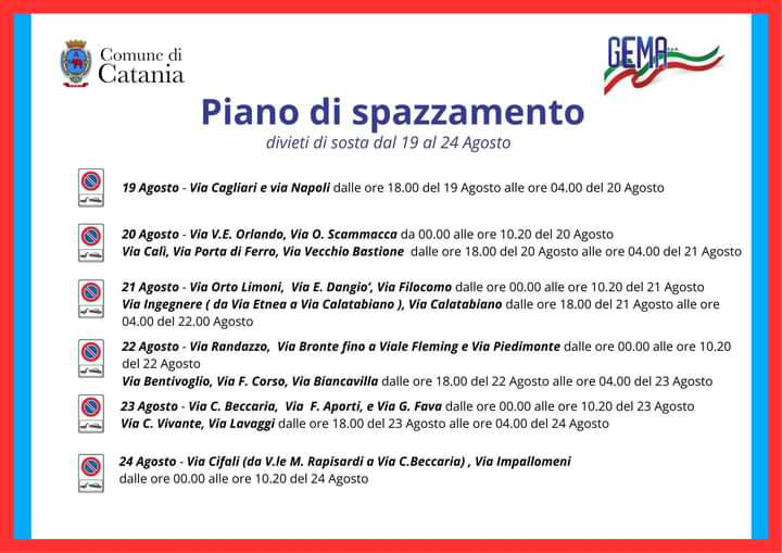 Piano di Spazzamento a Catania: divieti di sosta dal 19 al 24 Agosto